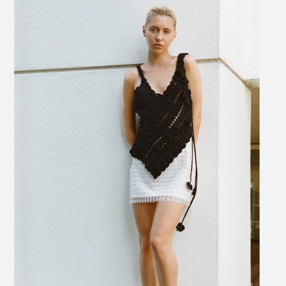Zara Tops - Zara Black Crochet Top Asymmetrical Scalloped Hem Side Tie Boho Festival Women S